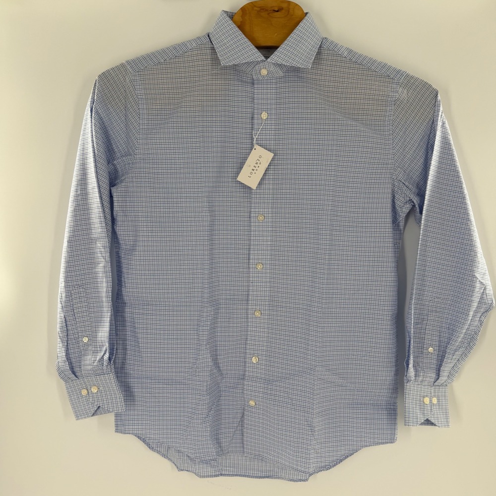 Lorenzo Uomo Mens Trim Fit Dress Shirt Blue White Micro Check 16.5 34/35 NEW